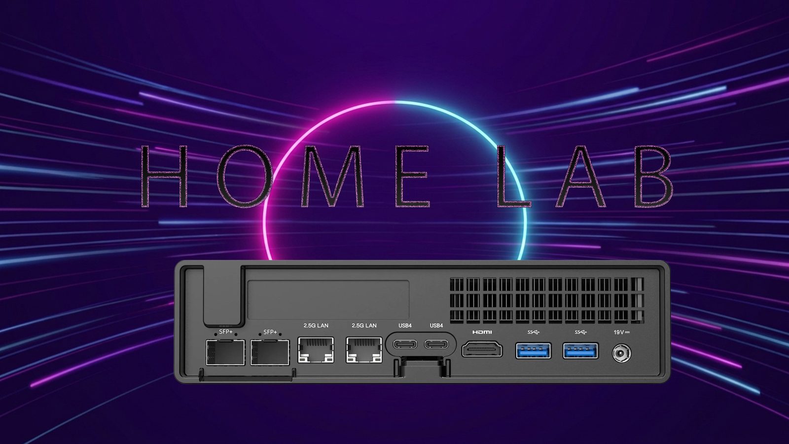 Neon purple HOME LAB banner with the Minisforum MS-01 rear panel